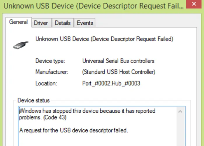 usb device not recognized error code 43