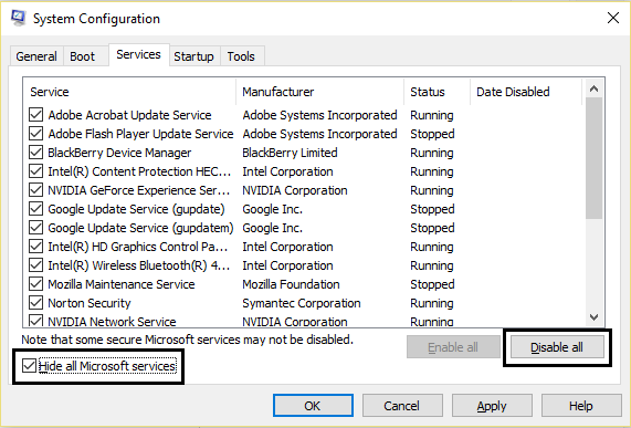 hide all microsoft services in system configuration
