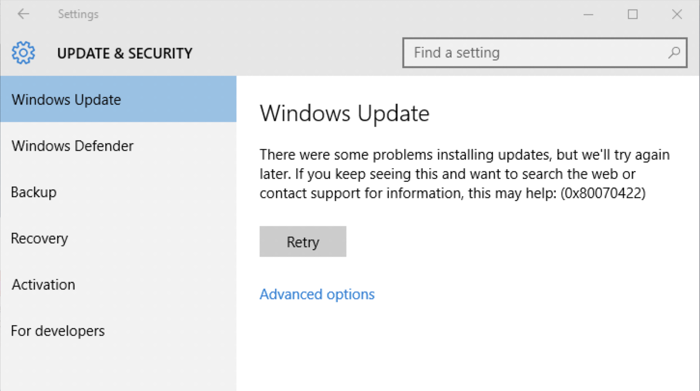 windows update 0x80070422 error