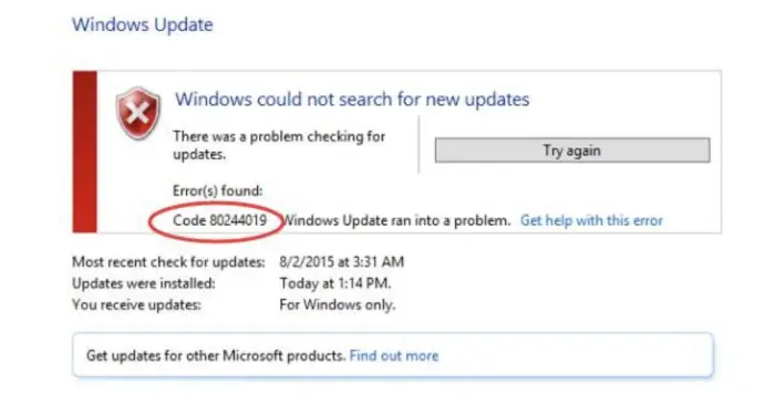 windows update error 80244019