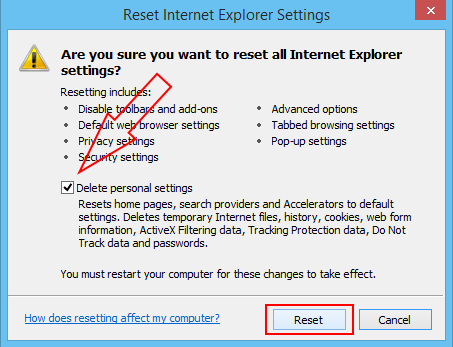 internet explorer delete personal settings