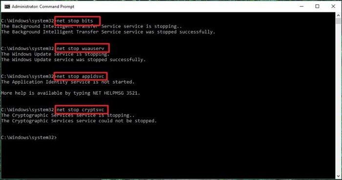 net stop windows update services