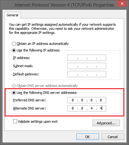 use the following dns server addresses