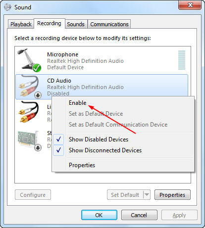 enable audio device