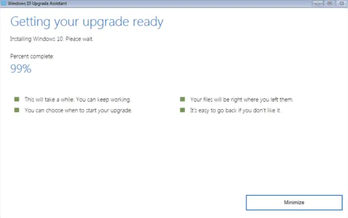windows 10 upgrade assistant stuck at 99