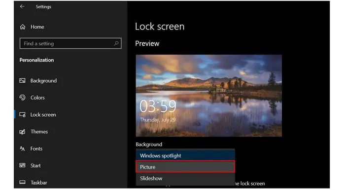 windows spotlight option to the picture option