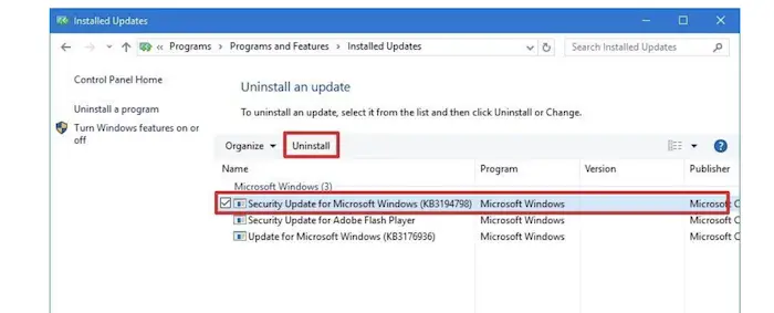 uninstall windows update