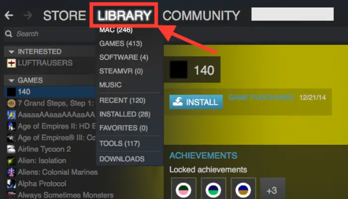 library tab in steam