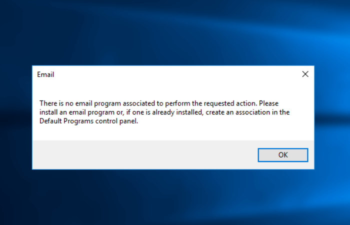there is no email program associated to perform the requested action