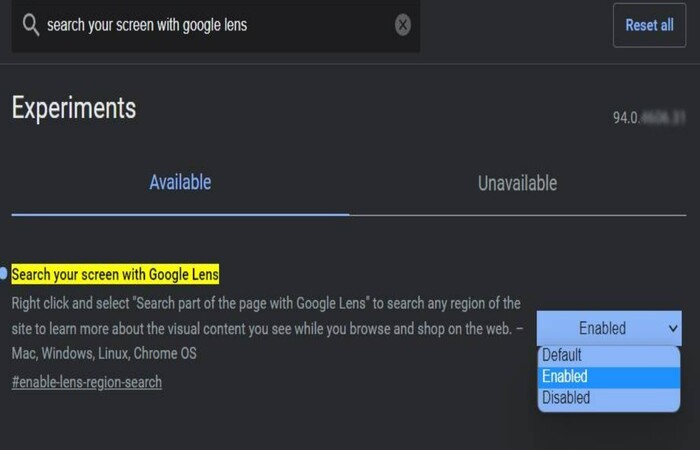 enabled search with google lens