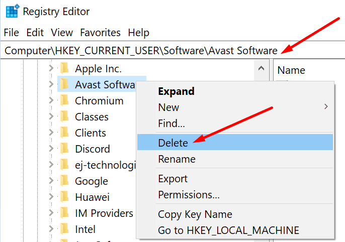 delete-avast-software-registry-editor